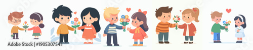 Cute Flat Illustration of Boy Giving Flower to Girl Friendship Moment