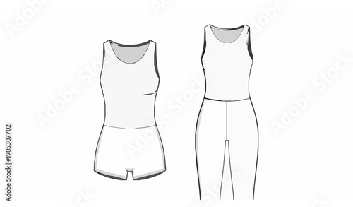Vector fashion illustration of women’s full-body sleeveless bodysuit jumpsuit with shorts and pants activewear