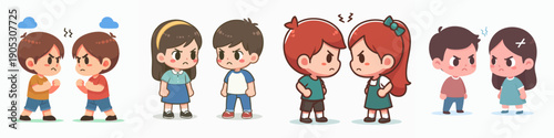 Cute Cartoon Illustration of Children Arguing and Having Conflict Problems