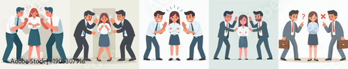 Flat Illustration of Conflict between Coworkers and Boss, Workplace Bullying Scene