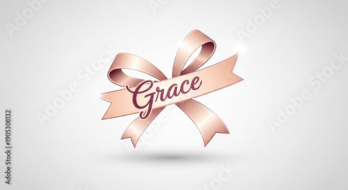 Elegant pink ribbon bow with 'grace' text on banner soft lighting and subtle shadow effect on white background