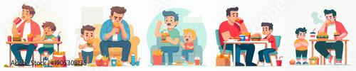 Cartoon Style Illustration of Father and Son Enjoying Unhealthy Food Meals
