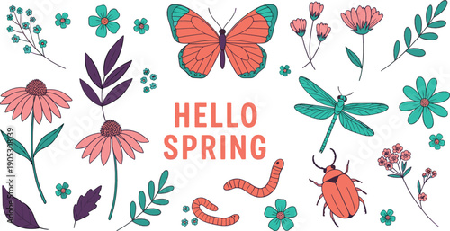 Hello spring illustration set with flowers butterfly dragonfly beetle leaves and garden elements in colorful hand drawn flat style for seasonal nature and floral designs