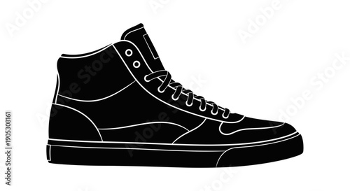 Black High Top Sneaker Silhouette Isolated on White Background.