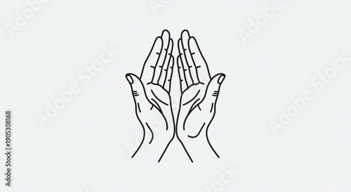 Praying hands gesture illustration with fingers together in black line art on white background symbolizing gratitude respect and spirituality