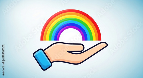 Hand holding rainbow symbolizing hope and diversity in a colorful illustration with blue gradient background