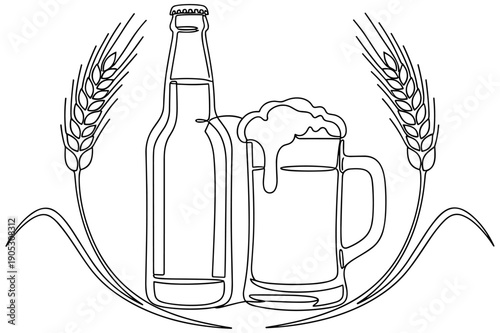 Beer bottle and frothy mug illustration with barley stalks, brewing and agriculture line art design for festivals and branding