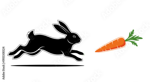 Black rabbit silhouette chasing a vibrant carrot illustration.