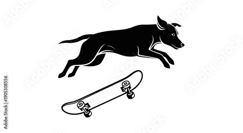 Black Silhouette of a Dog Jumping Over a Skateboard.