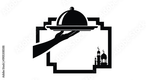 Hand presenting a covered dish in a frame with architectural element, luxury service concept