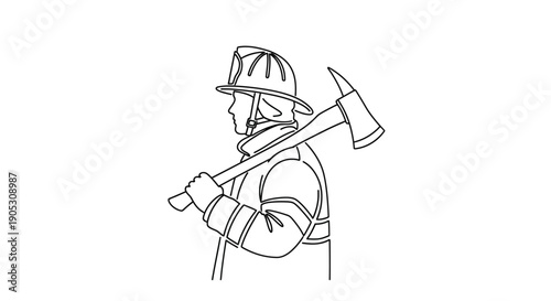 Minimalist Line Art Drawing of a Firefighter in Profile Holding an Axe