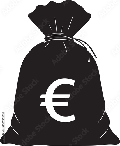 A black silhouette of a money bag with a euro symbol prominently displayed, signifying financial wealth and monetary transactions