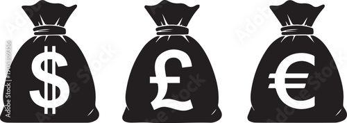 Money Bags Featuring Dollar, Pound, and Euro Symbols Representing Financial Wealth and Global Currency