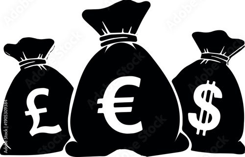 Collection of three global currency money bags, prominently featuring the Pound Sterling, Euro, and US Dollar symbols, symbolizing international finance, wealth, and economic exchange across markets