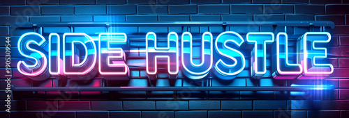 Side Hustle Neon Sign on Dark Brick Wall
