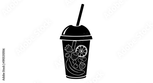 Black Silhouette of a Refreshing Fruit Smoothie Drink.