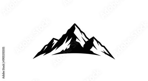 Black Silhouette of Jagged Mountain Peaks Against White Background.