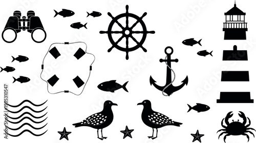 Nautical silhouette illustration set with lighthouse anchor ship wheel fish seagulls crab and sea symbols in classic flat maritime style for coastal designs