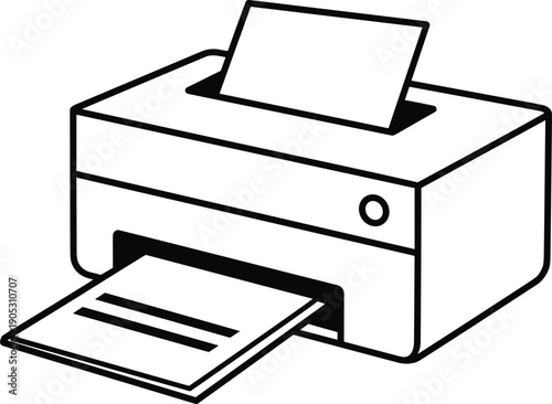 Vector illustration of printer silhouette with paper sheets, office device symbol, printing design element for business and document graphics