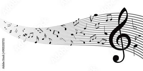 Music notes background,  Beautiful musical notes flowing with clef and staff creating elegant.