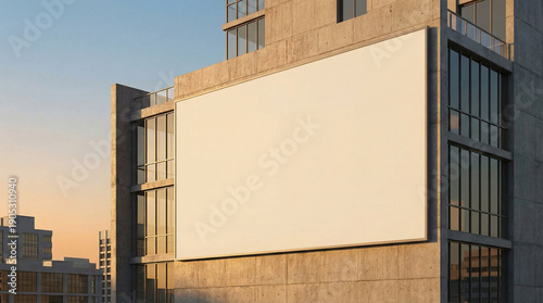Expansive blank billboard on a modern city building facade at dawn, offering prime advertising space and marketing potential in an urban landscape