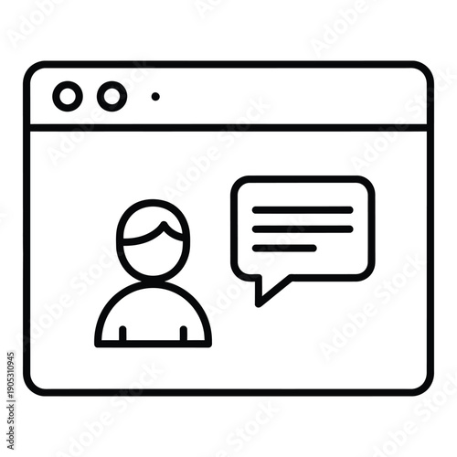 Online communication and user feedback concept, represented by a browser window with a user icon and chat bubble.
