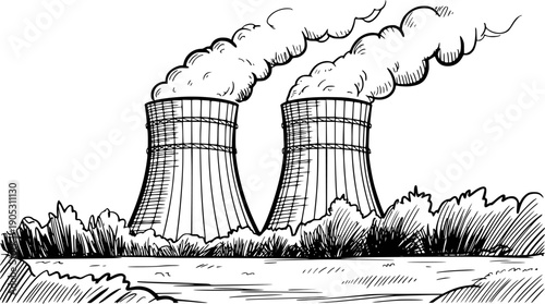 Black and white of industrial cooling towers emitting smoke a white background power