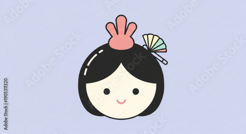 Cute cartoon japanese girl with black hair and pink ornament on a light blue background