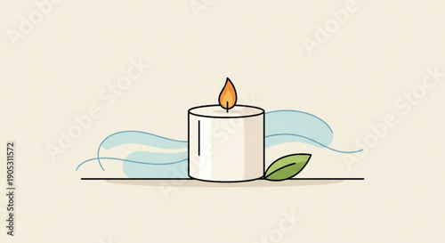 White candle with lit flame and green leaf on beige background with blue wavy lines serene minimalist illustration