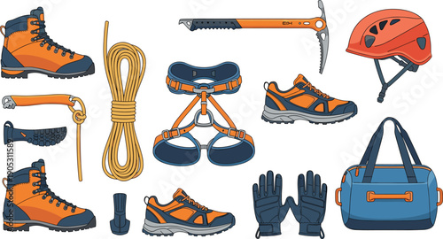 Set of professional climbing and mountaineering equipment icons, rock climbing gear with ropes, boots, and safety harness vector