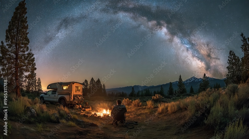 Fototapeta premium Panoramic view of family sitting around bonfire under starry Milky Way sky with camping truck, warm glow, outdoor night adventure scene