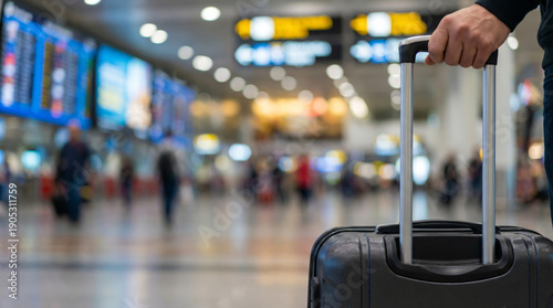 Foto Close-up of a person's hand gripping a suitcase handle in a busy, bustling airpo