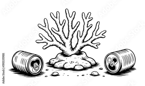 Coral branch with soda cans white background underwater ocean