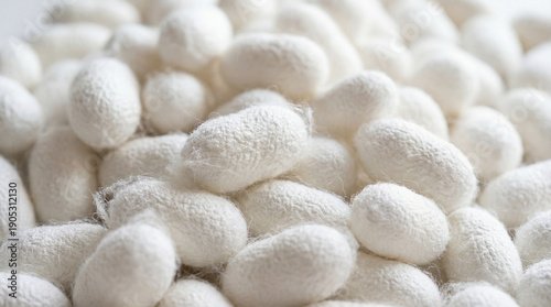 Foto Close-up pile of raw white silkworm cocoons, natural organic material for silk t