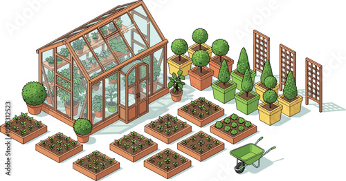 Isometric greenhouse garden vector illustration, plant nursery elements, backyard gardening set with wooden flower beds and wheelbarrow