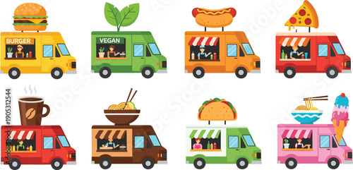 Set of colorful food truck vector illustrations, street food van icons including burger, pizza, taco, and coffee