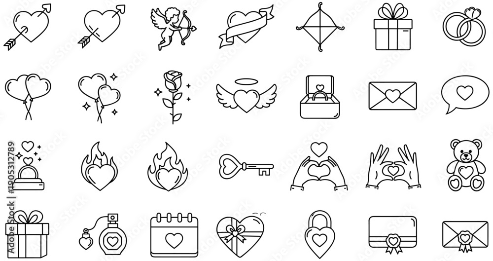 Fototapeta premium Valentine’s Day love icons set, romantic line art collection featuring hearts, Cupid, rings, roses, gifts, and affection symbols