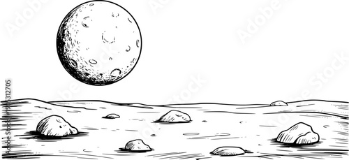 Hand Drawn Lunar Landscape With Moon And Rocks White Background space planet