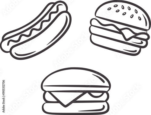 Hand drawn of a hot dog and two burgers hotdog hamburger cheese