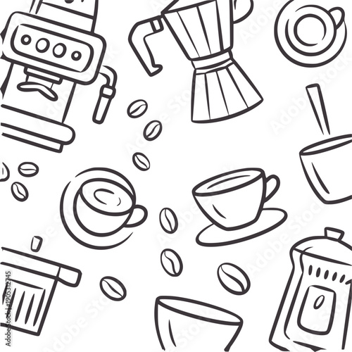 Hand drawn of coffee cups espresso machine moka pot and beans