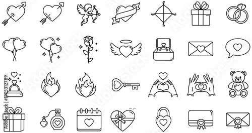 Valentine’s Day love icons set, romantic line art collection featuring hearts, Cupid, rings, roses, gifts, and affection symbols