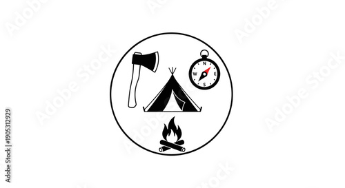 Camping Adventure Icons Set Featuring Tent Axe Compass Fire.