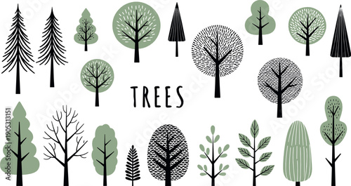 Stylized tree illustration set with modern flat and textured forest trees in minimal Scandinavian style for nature and landscape design projects