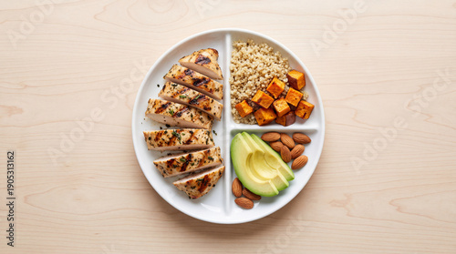 Obraz na plátne Top view of balanced healthy meal on divided white plate: grilled chicken breast