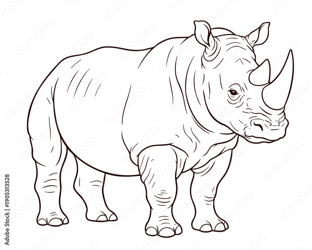 Fototapeta premium Detailed dark brown line art rhinoceros illustration isolated on white background