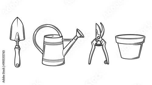 A collection of gardening tools and a pot are shown in a simple illustration.