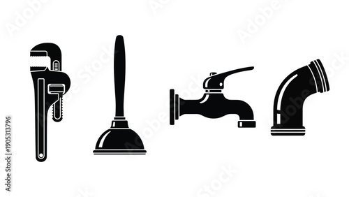 A collection of plumbing tools and fixtures arranged on a white background.