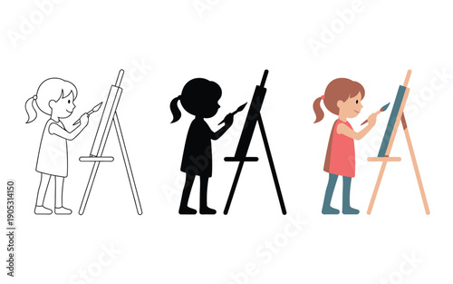 A young girl is painting on a canvas with an easel and brush.