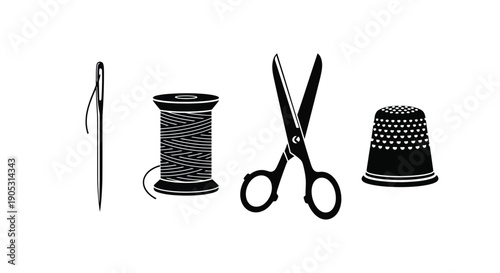 A needle, thread, scissors, and thimble are tools for sewing.