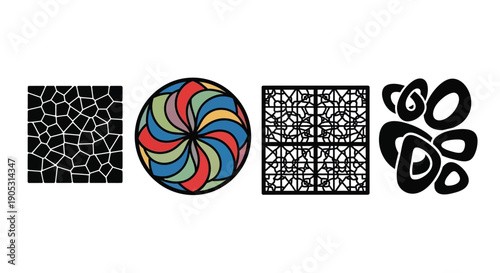 Four distinct abstract graphic patterns are displayed against a white background.